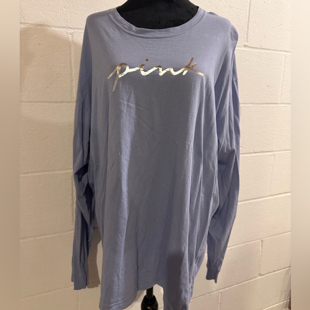 PINK Victoria’s Secret Periwinkle Long Sleeve Cotton T-Shirt with Silver Foil